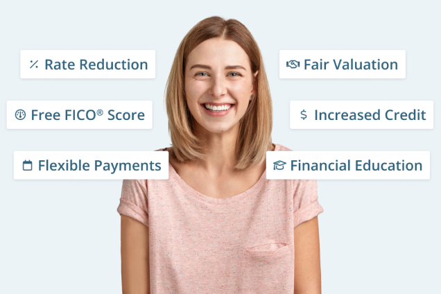 A woman smiling and a list of some of our benefits for customers: Rate Reduction, Free FICO® Score, Flexible Payments, Fair Valuation, Increased Credit, and Financial Education